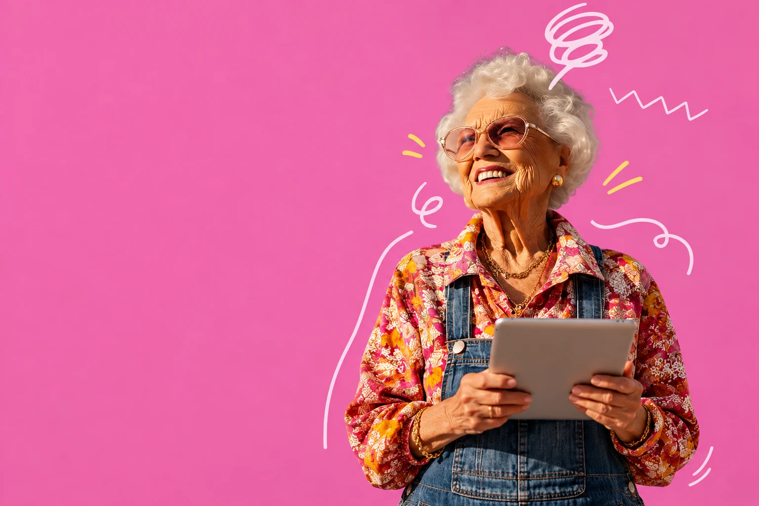 Playful pink editorial portrait with a tablet