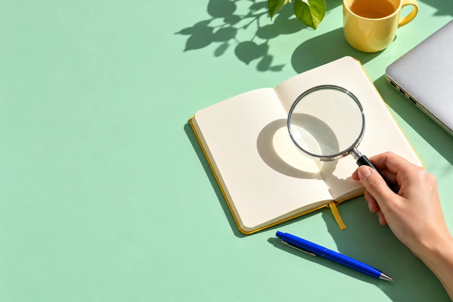 Magnifying glass and notebook on a mint green desk
